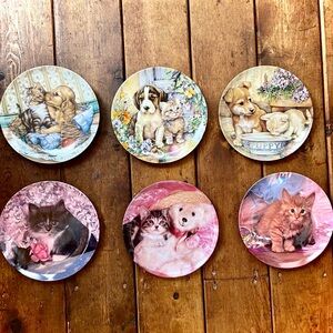 Decorative Kitten & Puppy Ceramic Wall Plate Set - Assorted Pastel Colors